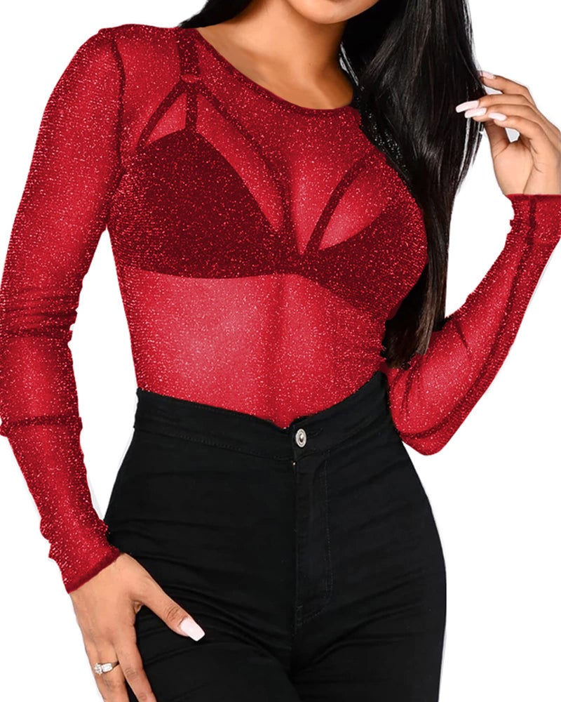 BelleLovin Women's Long Sleeve Glitter Mesh Tee Tops Sexy Night Out Blouse (Red-Round Neck, Small) - Image 1